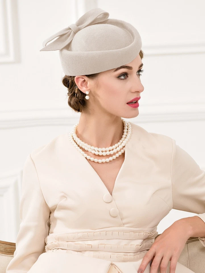 Chapéu fascinador boina de feltro lã camelo feminino festa chá arco derby caixa de pílulas - Imagem 2 de 4