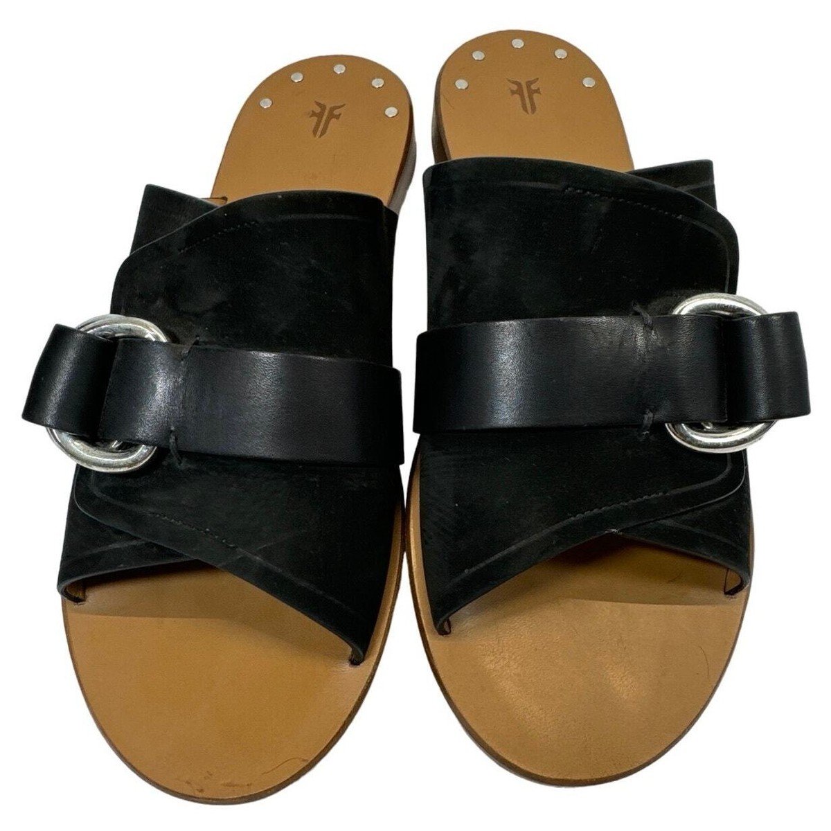 Frye Black Leather Suede Buckle Slide Sandals Made in Italy  display picture 1