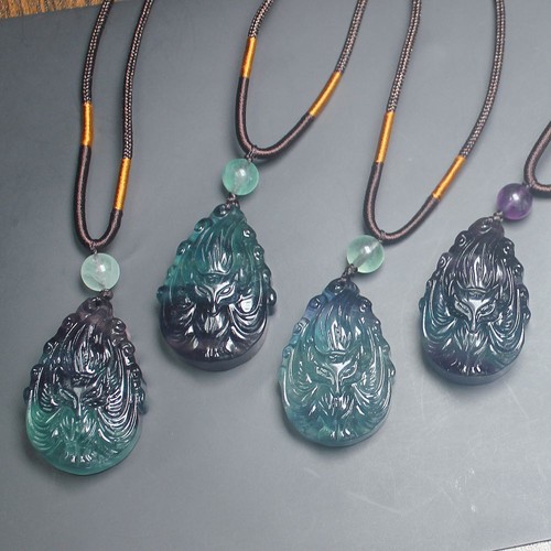 Natural Fluorite crystal nine tailed fox Necklace Amulet pendant with rope Chain - Picture 7 of 8