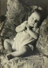 Baby Propped Up On Pillow With Hands Together B&W Photograph 3.75 x 4.5