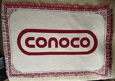 Vintage Conoco Throw Blanket Red And White 46” X 66” Fringe Knit Advertising