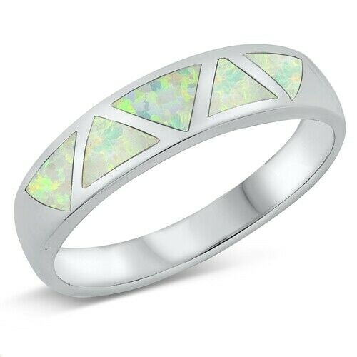 Sterling Silver 925 White Lab Opal Ring Band 5mm Width Size 8-image