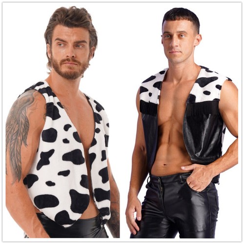 Herren Western Cowboy Halloween Kostüm Kuh Print ärmellos vorne offen Weste - Bild 2 von 35