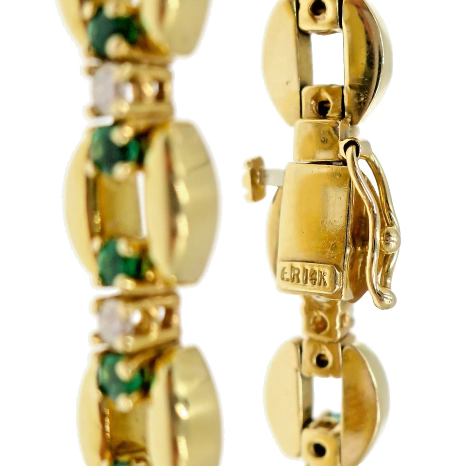 Wonderful 14k Solid Yellow Gold Natural Emerald and Diamond Tennis Bracelet 7 in - Image 4 of 4