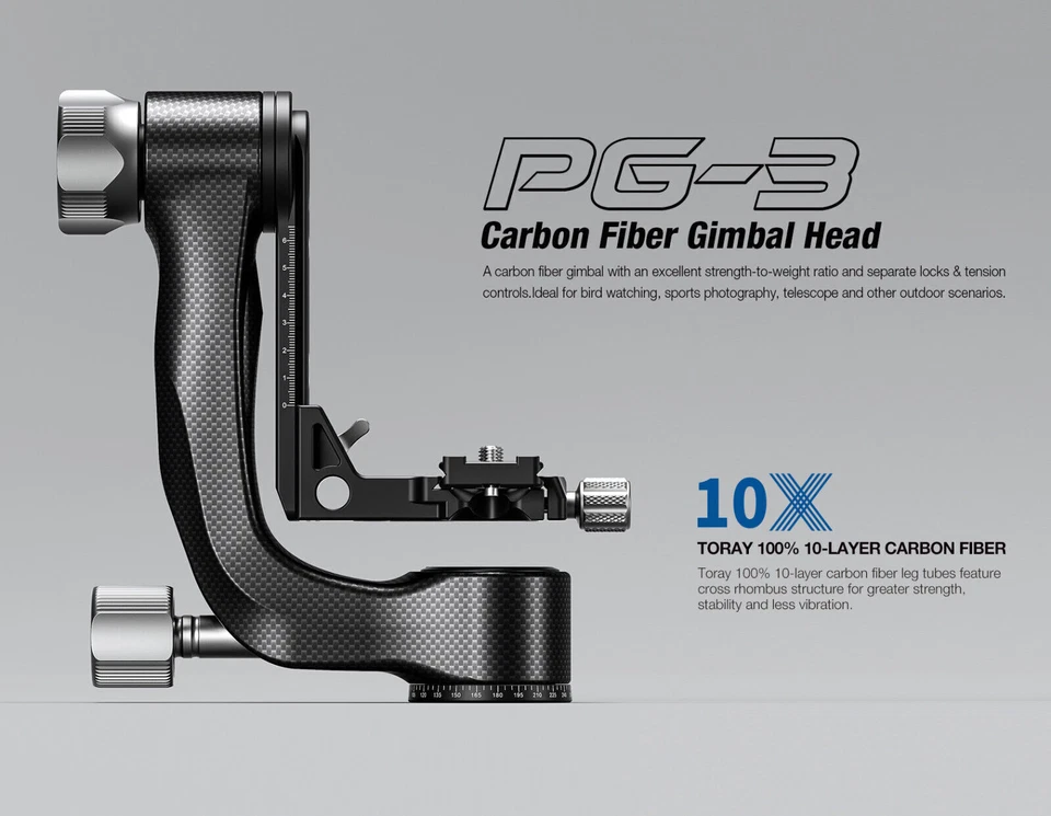 Leofoto PG-3 Carbon Fiber Gimbal Head /ARCA Tripod Head for Camera - Image 2 of 4