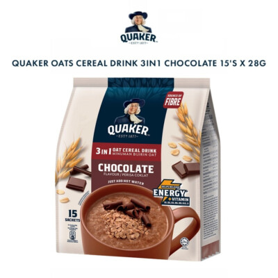 QUAKER 3-in-1 Oat Cereal Drink Chocolate Flavour 15 Sachets x 28g (420g)
