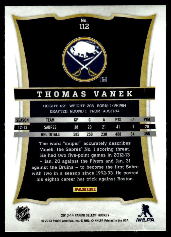 2013-14 Panini Select Thomas Vanek Buffalo Sabres #112 - Image 2 of 2