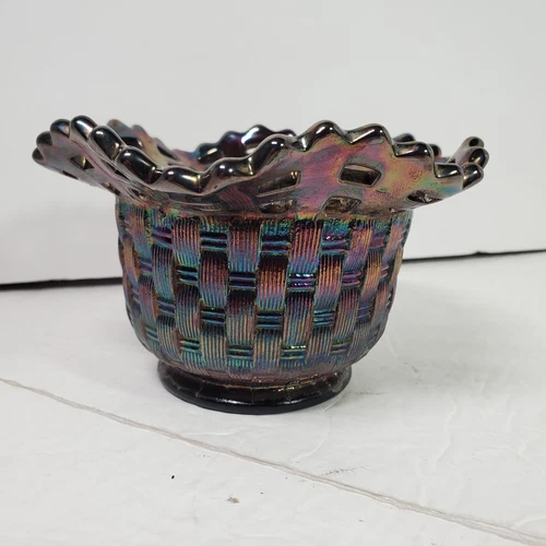 Vintage FENTON Carnival Glass Iridescent Basket Weave Bowl Ruffled Top 3 1/4” H