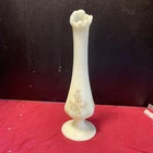Fenton Custard Satin Glass Bud Vase, Hand-Painted Pink Floral, Signed 7 1/2"