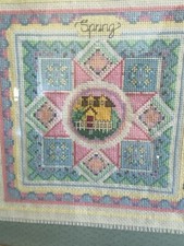 Vtg Spring Cottage Cross-stitch Complete Framed W. Glass Large Bright Colors