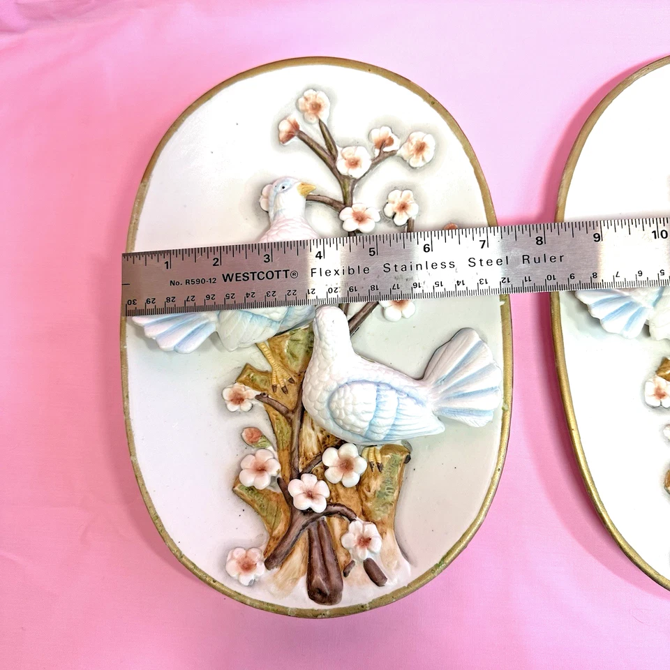 2 Pájaros 3D Vintage con Flores en Platos Ovalados Acabado Mate Cerámica Decoración de Pared Foto 2 de 4