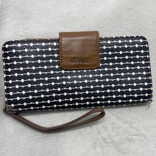 FOSSIL Wallet Emma Black  White Zip Around Clutch Credit Card Multi Compartment
