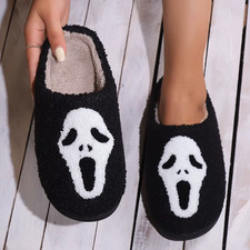 Halloween Scream Skull Fluffy Slippers Women House Flats Indoor Shoes