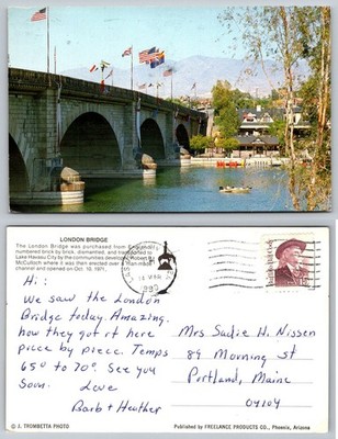 Vintage London Bridge Lake Havasu City AZ Postcard 1990 Postmarked Buffalo Bill