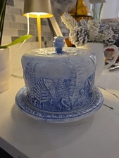 Gorgeous Antique Majolica Ironstone Domed Fern Cheese Keeper Marked 