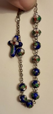 Cloisonné Chaplet Decade Rosary Blue Floral Enamel Prayer Beads & Cross Bracelet