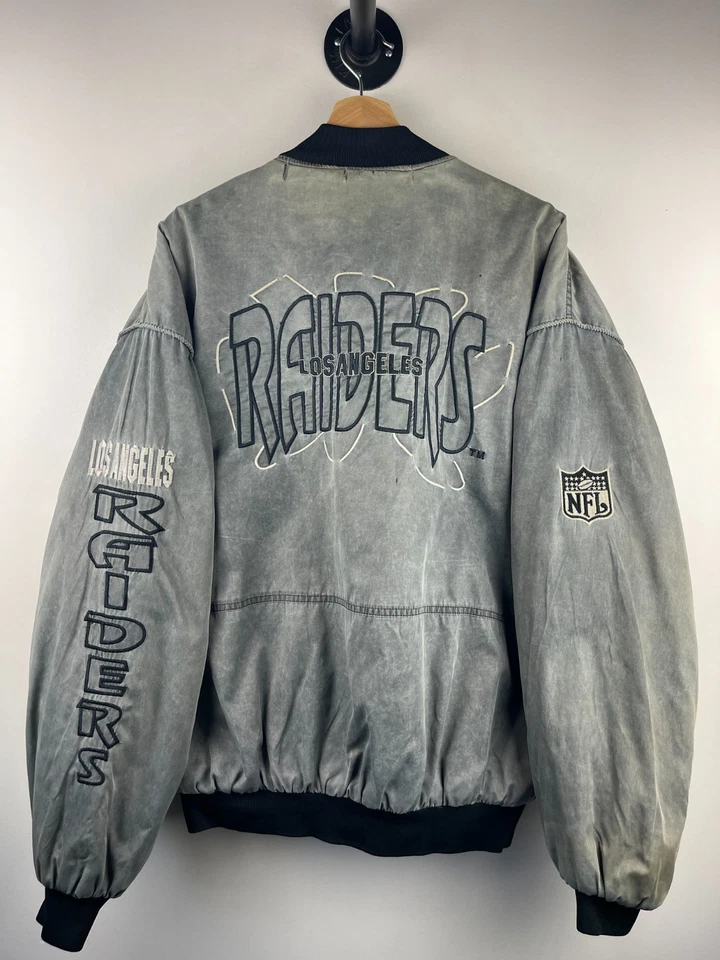Vintage 90s NFL Los Angeles Raiders Embroidered Faded Silver Nylon Bomber Jacket - Image 2 of 4