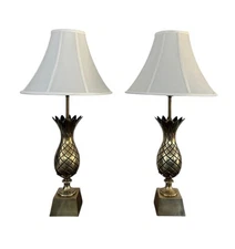 Pair Vintage Brass Pineapple Table Lamps Tall Hollywood Regency Coastal Style