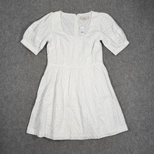 NWT Ann Taylor LOFT White Dobby U-Neck Puff Sleeve Dress Women's Size 2