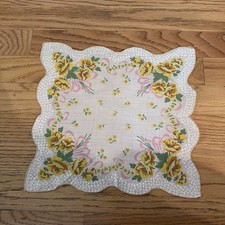BEAUTIFUL Yellow Roses/ Pink Bows Vintage Floral Handkerchief w/ scalloped edge