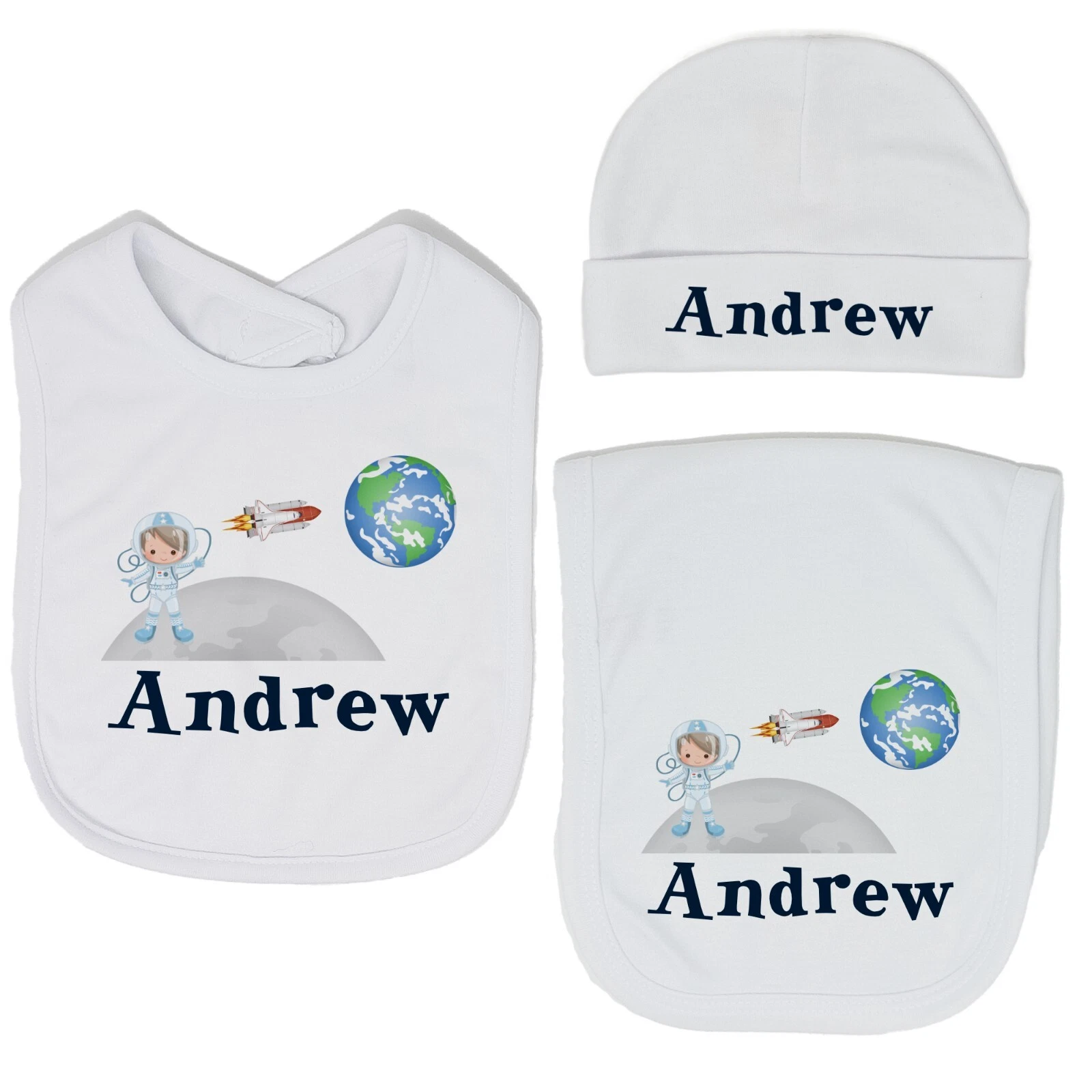 Baby Boy Personalized Custom Astronaut Outer Space Bib and Burp Cloth Set VS2