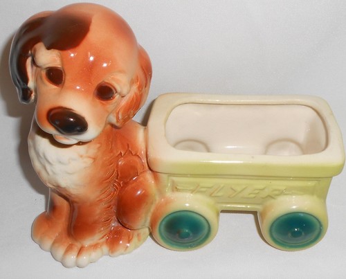 1950s-60s Royal Copley PUPPY w/ FLYER WAGON PLANTER Made in USA - Picture 3 of 5