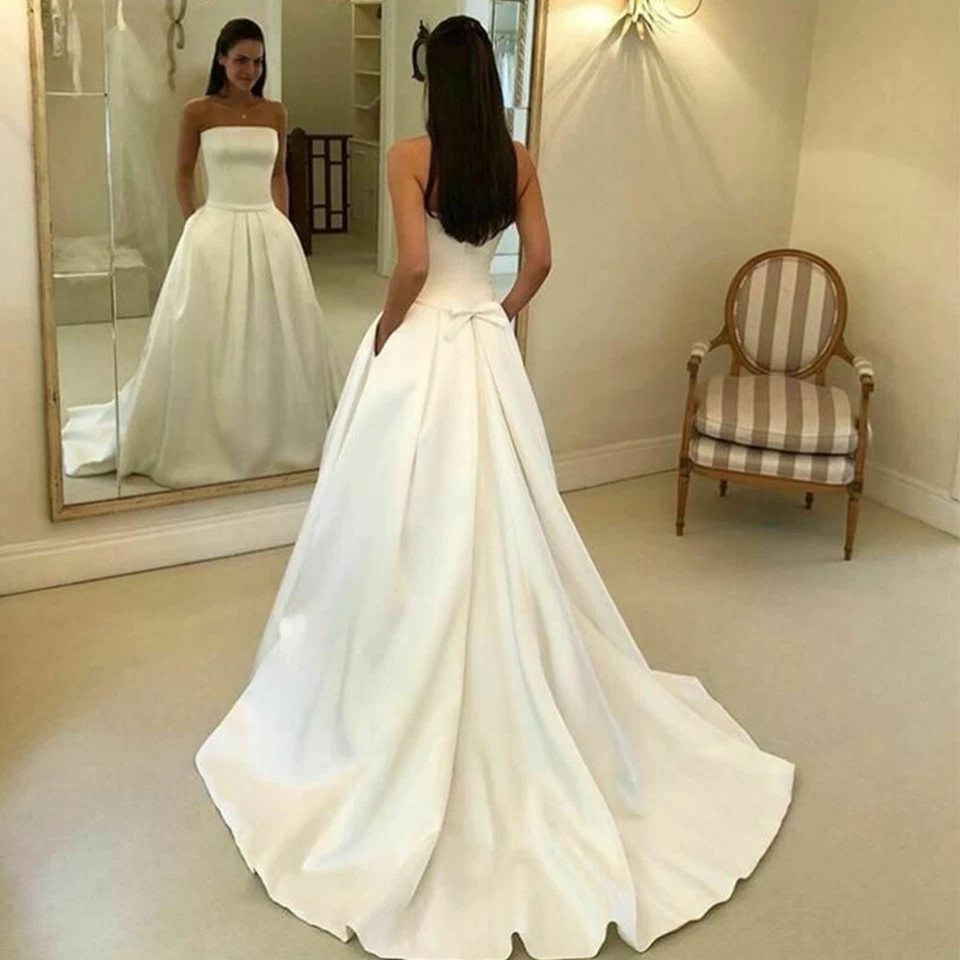 Blanco Marfil Vestidos de Novia Vestido Sin Tirantes con Bolsillos Barrido Tren Vestido de Novia Foto 3 de 4