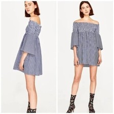 Zara Smocked Off Shoulder Bell Sleeve Dress Blue White Striped S
