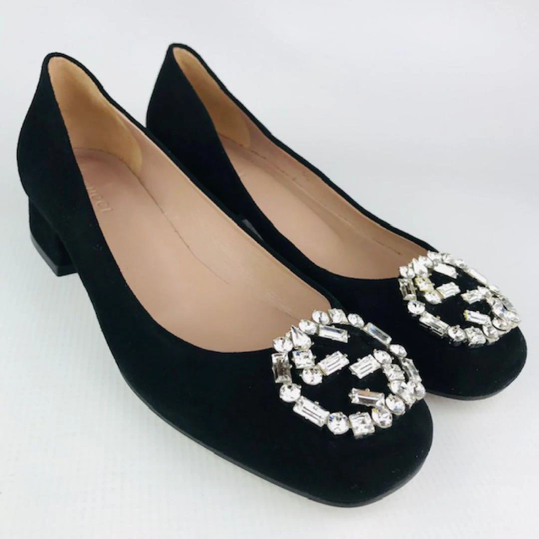 Escarpins GUCCI Bijou GG Logo Cuir Daim Taille 36 Noir Talon Bas Emballés