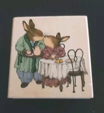 Holly Pond Hill Morning Kiss Rubber Stamp Rabbits Table  Wood Retired