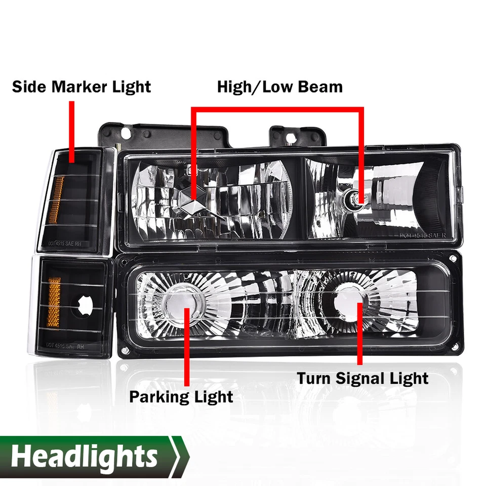 Black Headlights Bumper Lamps Fit For 94-98 GMC Sierra C/K C10 Suburban Yukon Foto 2 de 4