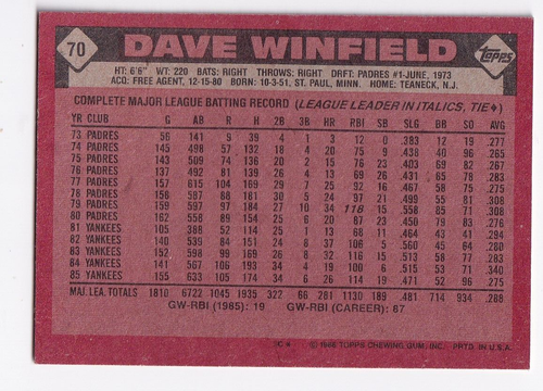Dave Winfield Collectors Lot Ten 1986Topps Card #70 Yankees - Bild 3 von 3