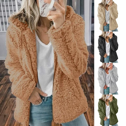 Womens Winter Teddy Bear Fluffy Coat Zip Up Cardigan Fleece Hoody Jacket Outwear - Afbeelding 5 van 34