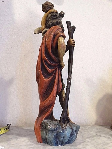 Katholische Vintage Lepi Holz geschnitzt Heilige Statue Heiliger Christophorus & Jesus Christus - Bild 7 von 10