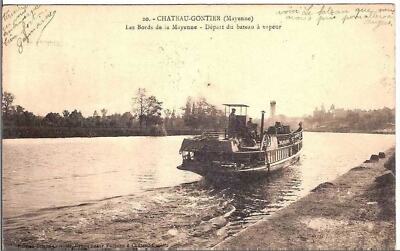 53.CHATEAU-GONTIER.LES BORDS DE LA MAYENNE.DEPART DU BATEAU A VAPEUR.BATTELERI