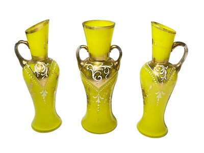 Rare Vintage Bohemian Czech Yellow Art Glass 6  Vase Set Of 3 Gold Accent