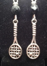 Tennis Racquet Charm with Black Bead Pewter Earrings from Ann Peden Collection