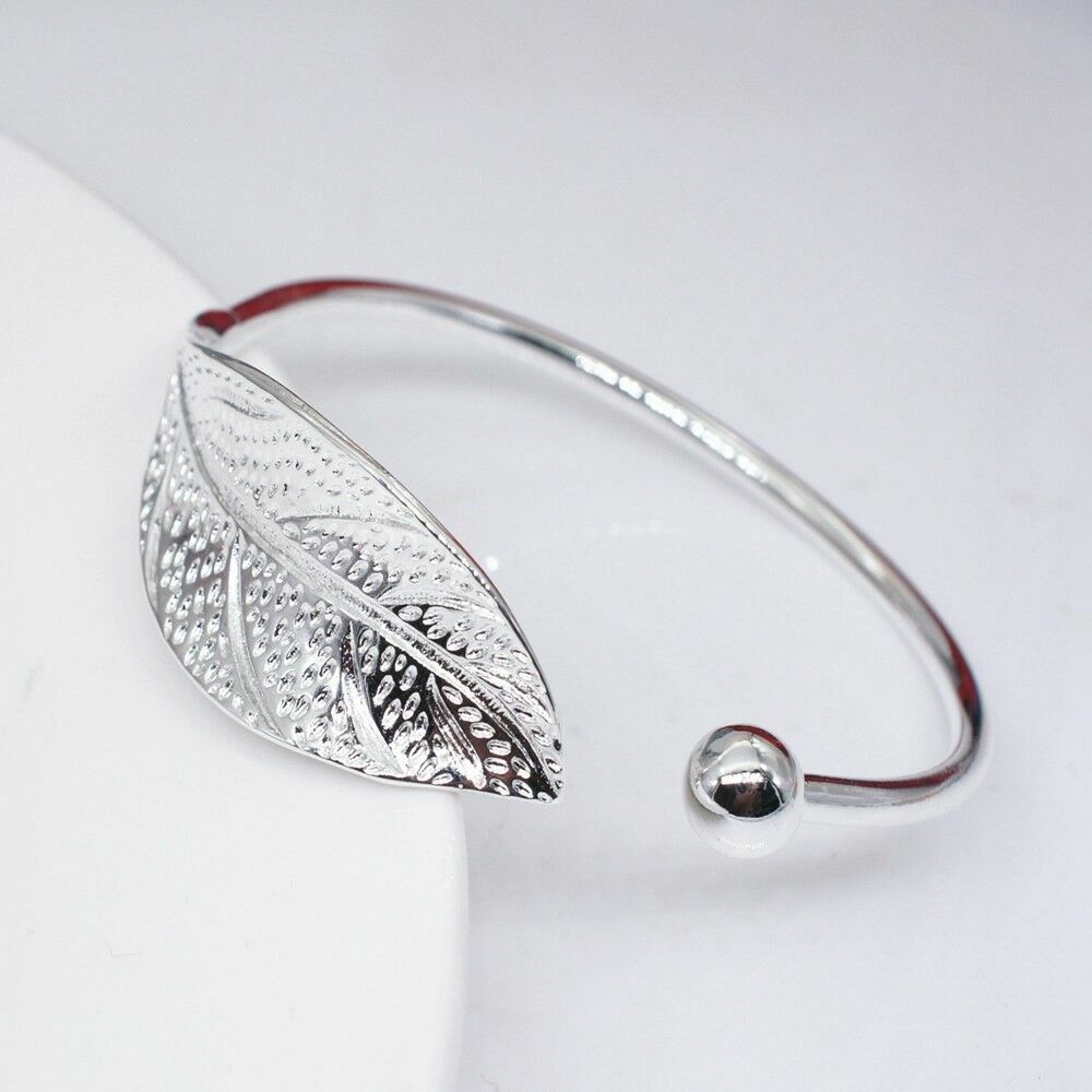 925 Sterling Silver Charm Leaf Bracelet Bangle Cuff One Size Fit