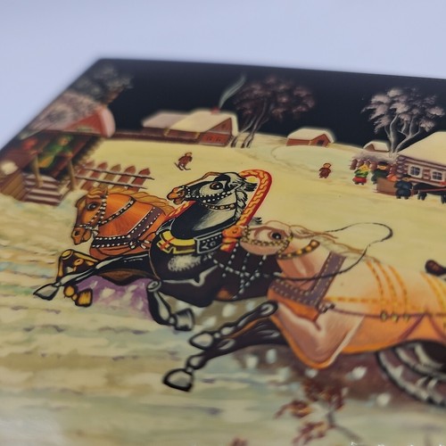 Vintage Russian Black Laquer Jewelry Trinket Box Horses Sleigh Bear Snow 6 x 4 - Picture 3 of 24