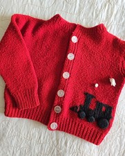 Vintage 70s Childs 6T Red Train Sweater Cardigan Hand Knitted Boys Girls Kitsch