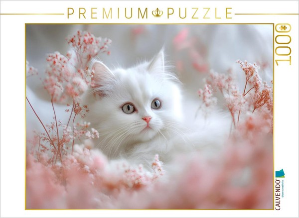 Calvendo Puzzle White Cat In Pink Flowers | 1000 Pieces, Finished Size 25.2 × 18-image