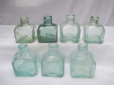 7x VINTAGE OLD ANTIQUE GLASS BURST TOP SQUARE INK BOTTLES INKWELLS c1890