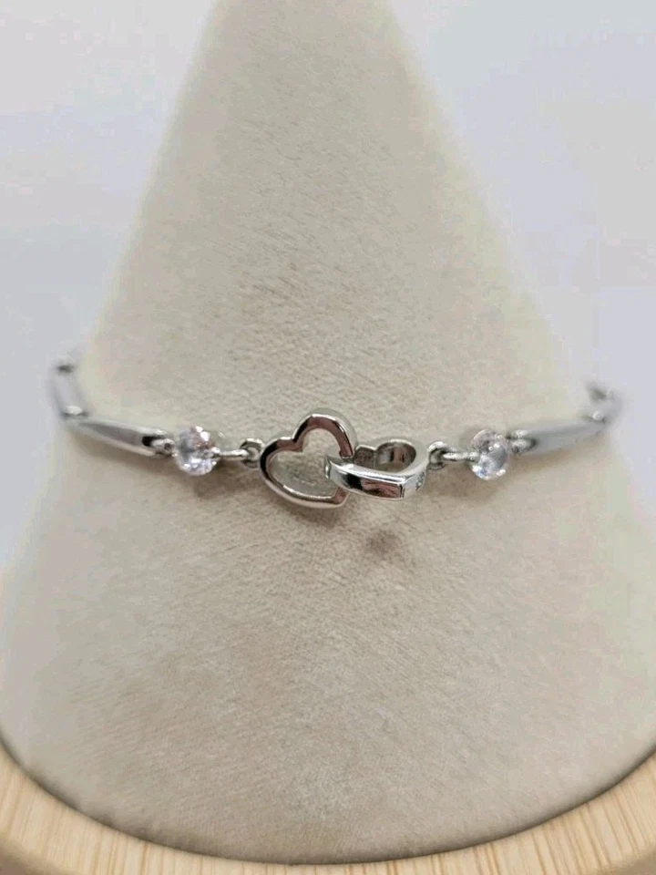 Brazalete Modernista Plata de Ley 925 2 Corazones en 1 Acentos Cristal Transparente 7"-8" Foto 3 de 4
