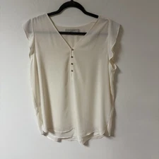 Loft Womens Blouse Medium Cream Tulip Sleeves V Neck Polyester Classic Preppy Ci