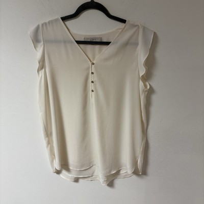 Loft Womens Blouse Medium Cream Tulip Sleeves V Neck Polyester Classic Preppy Ci