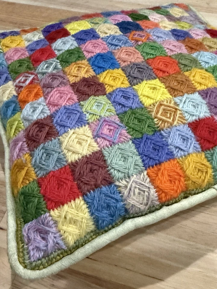 Vintage Handmade Crochet Throw Pillow Granny Core Afghan Knit Multicolor Kitsch - Image 4 of 4