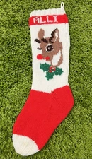 Vintage Christmas Stocking Hand Knit Rudolph Reindeer Personalized Name Alli 24"