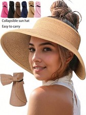 Sun Visor Hats Women Wide Brim Straw Empty Top Roll Up Beach Ponytail Cap