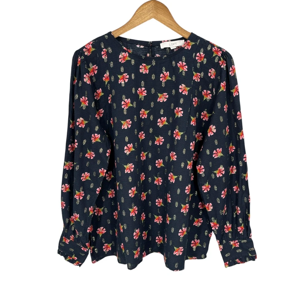 Blusa LOFT Coqueta Mujer Talla L Preppy Modesta Floral Metálica Manga Larga Foto 3 de 4