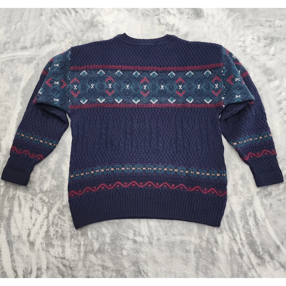 Vintage 70s Pendleton Wool Crew Neck Pullover Sweater Size L Navy Blue Fair Isle - Image 2 of 4